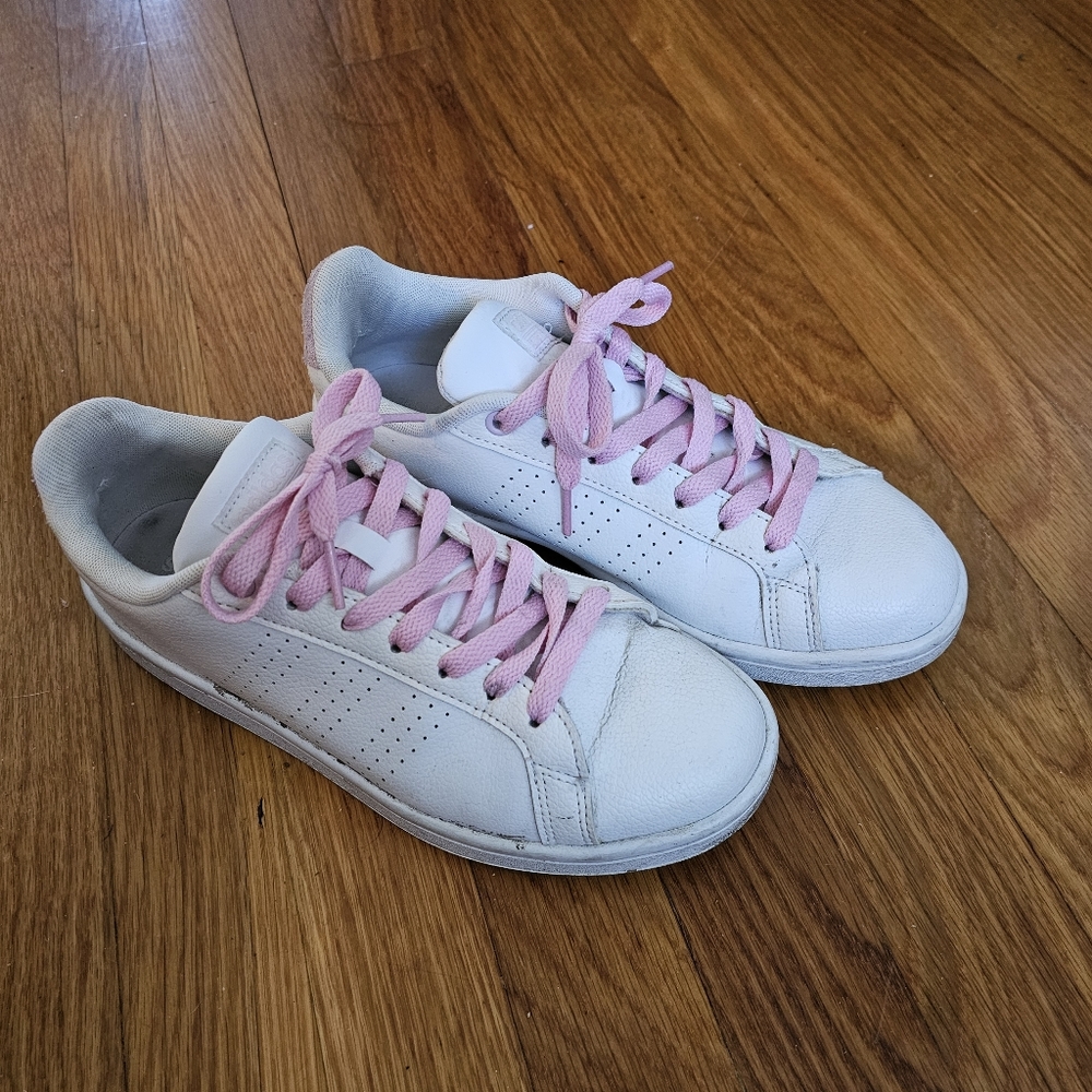 Adidas White and Pink Cloudfoam Advantage Sneakers
